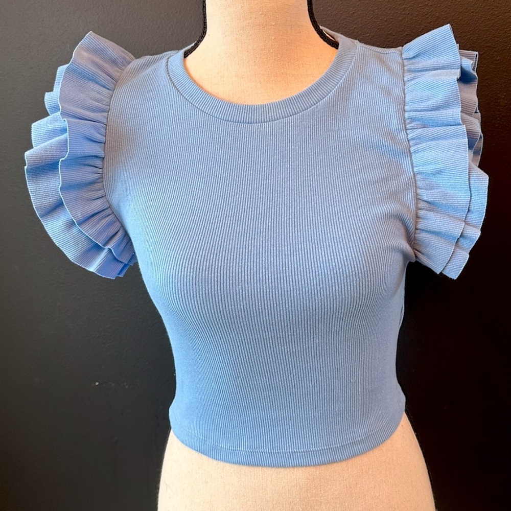 ZARA Blue Ruffle Sleeve Top - Picture 2 of 8